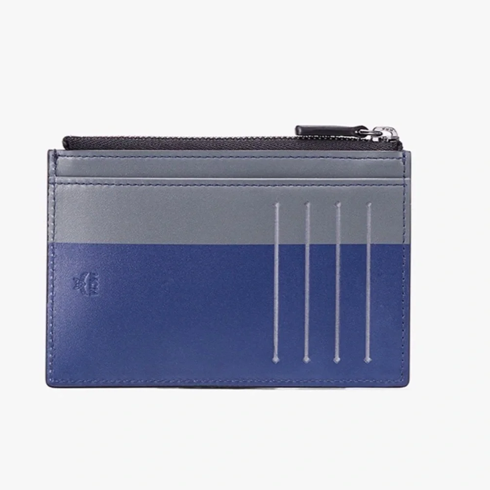 MCM men's lion embossed black with blue and grey mini zipped coin card holder